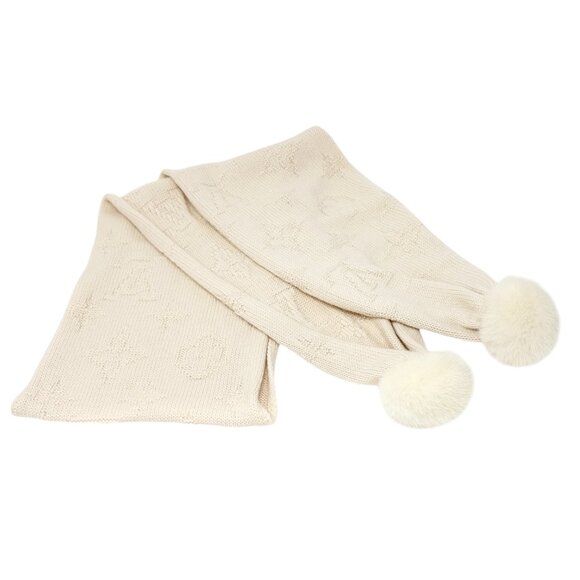 LOUIS VUITTON Vintage Monogram Escharpe Fur Scarf Shawl Cream Cashmere [106438] - Picture 8 of 12